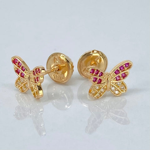 Topos Mariposa Circones Blancos Fucsias Oro amarillo 18k 0,95 Gr / 8,3 mm †