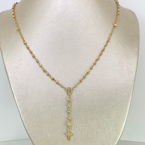 Rosario Bola Diamantada Virgen Milagrosa Circones Blancos Tres oros 18k 7,72 Gr / 4 mm / 50 Cm †