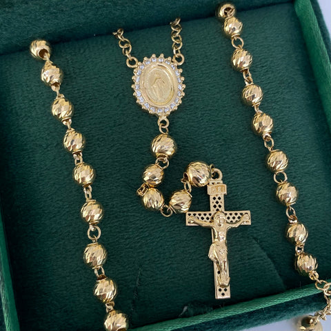 Rosario Virgen Milagrosa Circones Blancos Bolas Diamantadas Oro amarillo 18k 18,35 Gr / 6 mm / 65 Cm