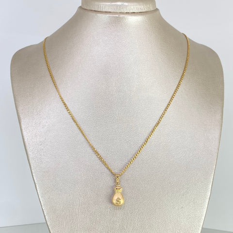 Set Cadena Cubana + Dije Bolsa Dinero Oro amarillo 18k 2,89 Gr / 2 mm / 60 Cm †