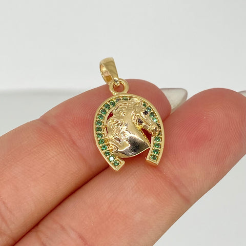 Dije Herraje Caballo Circones Verdes Oro amarillo 18k 2,7 Gr / 2,3 Cm