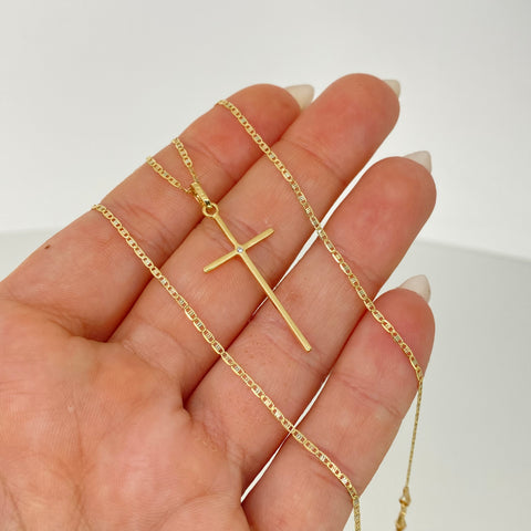 Set Cadena ● Escalera Plana Diamantada + Dije Cruz Circon Blanco Oro amarillo 18k 2,1 Gr / 1,2 mm / 45 Cm *