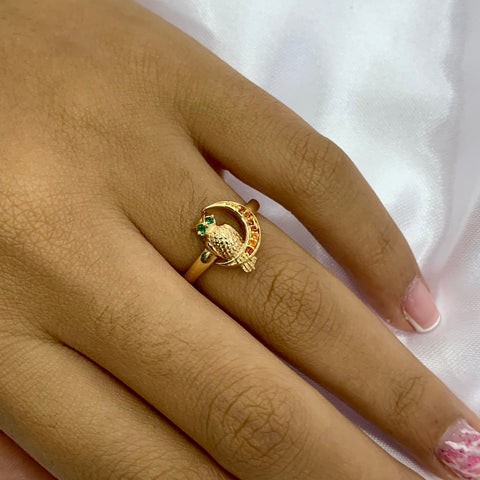 Anillo Buho y Luna Circones Verdes Y Naranja Oro amarillo 18k / Talla 5 1/2 / 2,17 Gr *