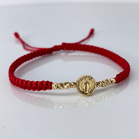 Pulsera tejida Pareja Herraje San Benito / BD 8uni 3mm / Hilo Rojo Oro amarillo 1,25 Gr *