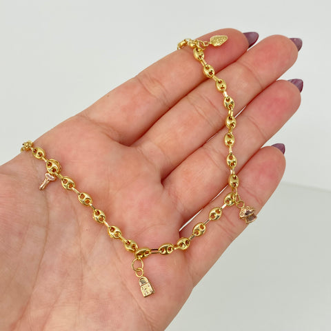 Tobillera GC Dijes Fresa Hongo Llave Carita Oro amarillo y Oro rosa 18k 4,55 Gr / 3,3 mm / 26 Cm *