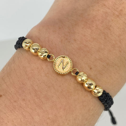 Pulsera tejida Herraje Letra N / BD BL 6uni 5mm / Hilo Negro Oro amarillo 18k 1,21 Gr *