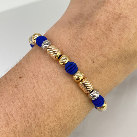 Pulsera tejida Bolas  Diamantadas 6 mm / Cilindros Hilo Azul Tres oros 18k 2,41 Gr *