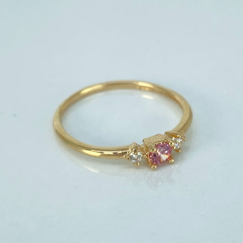 Anillo Solitario Circones Rosas Blancos Oro amarillo / Talla 6 / 1,3 Gr †