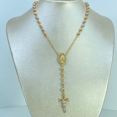 Rosario Vigen Del Carmen Bolas Lisas 6mm Circones Blancos Tres oros 18k 20,55 Gr / 5 mm / 65 Cm *