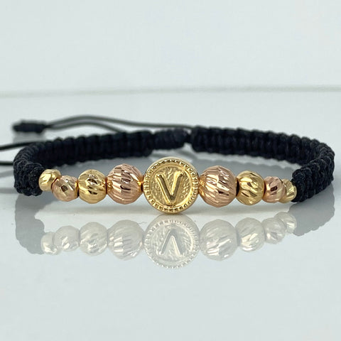 Pulsera tejida Herraje Letra V / BD 8uni 6/5/4/3mm / Hilo Negro Oro amarillo y Oro rosa 18k 1,07 Gr *