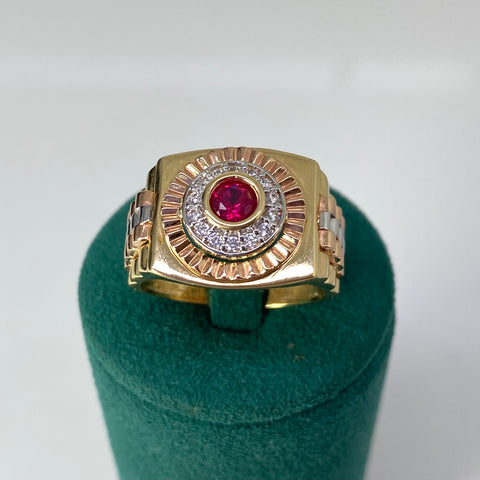 Anillo Circulo Fondo Diamantado  Circones Blancos Y Fucsia Tres oros 18k / Talla 10 1/2 / 10,15 Gr