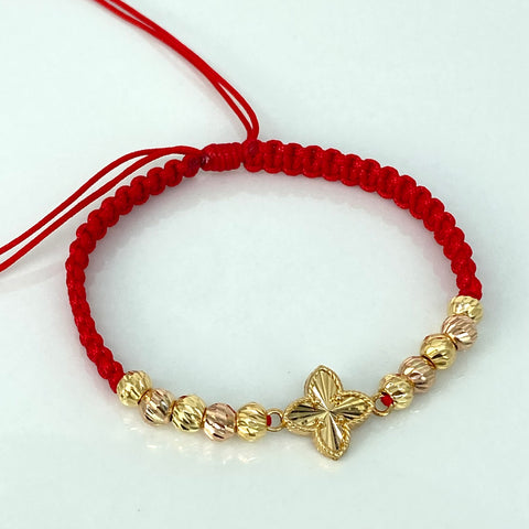 Pulsera tejida Herraje Trebol Diamantado / BD 10uni 5mm / Hilo Rojo Oro amarillo y Oro rosa 18k 2,02 Gr *