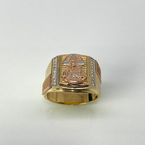 Anillo Cuadro Cruz Cristo Circones Blancos Tres oros 18k / Talla 9 1/2 / 10,00 Gr