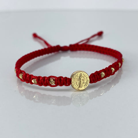 Pulsera tejida Pareja Herraje San Benito / BD 8uni 3mm / Hilo Rojo Oro amarillo 1,25 Gr †