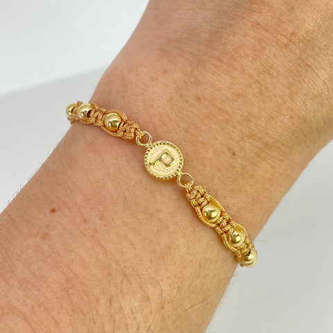 Pulsera tejida Herraje Letra P / BL 8uni 4mm / Hilo Beige Oro amarillo 18k 1,15 Gr *