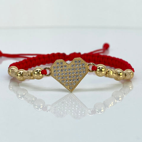 Pulsera tejida Corazón / Cilindros  / 6 Und Bolas Lisas 5mm Hilo Rojo Oro amarillo 18k 3,29 Gr *
