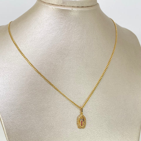 Set Cadena ● Cubana + Dije Virgen Guadalupe Azul Oro amarillo 18k 2,95 Gr / 2 mm / 45 Cm *