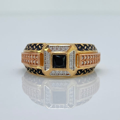 Anillo Cuadro Central Circones Negros  Y Blancos Tres oros 18k / Talla 10 / 6,45 Gr *