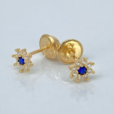 Topos Flor Circones Azul Blancos Oro amarillo 18k 0,55 Gr / 5 mm †