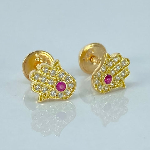 Topos Mano Hamsa Circones Blancos Fucsia Oro amarillo 18k 1,16 Gr / 7,5 mm