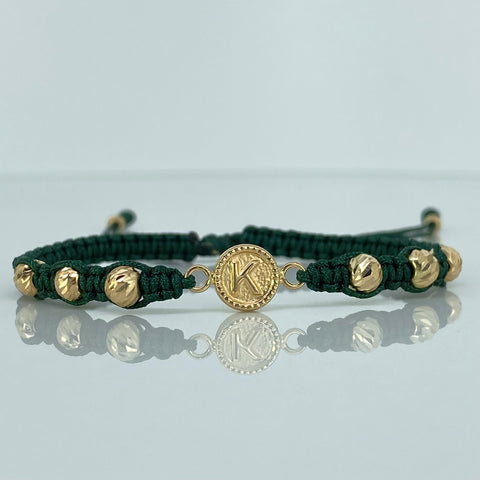 Pulsera tejida Herraje Letra K / BD 8uni 5/3mm / Hilo Verde Oro amarillo 18k 1,24 Gr *