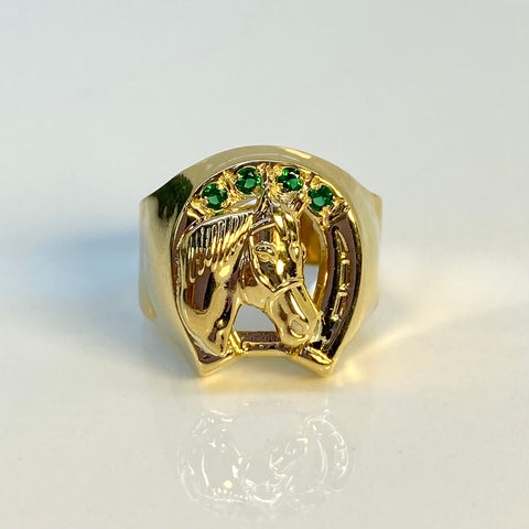 Anillo Herradura Caballo Circones Verdes Oro amarillo 18k / Talla 8 3/4 / 3,71 Gr