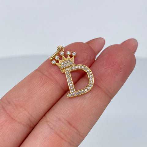 Dije Letra D Corona Circones Blancos Oro amarillo 1,95 Gr / 2,6 Cm †