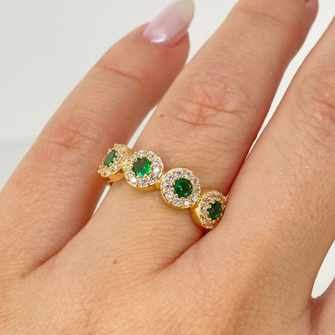 Anillo Circulos Circones Blancos Verdes Oro amarillo 18k / Talla 7 / 3,47 Gr