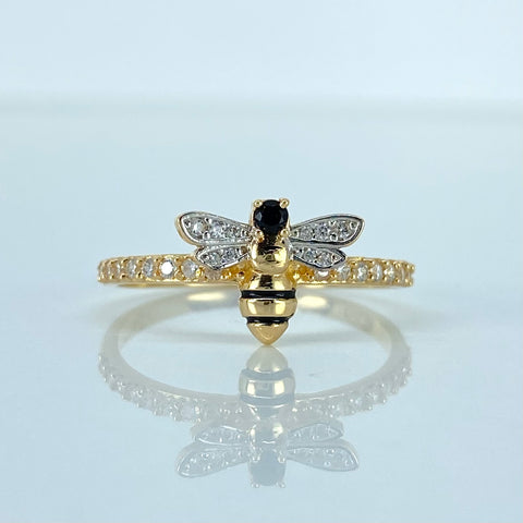 Anillo Abeja Circones Blancos Negro Oro amarillo 18k / Talla 7 3/4 / 2,1 Gr