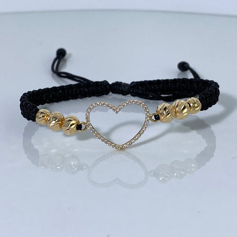 Pulsera tejida Herraje Corazón Circones Blancos / BD 6-5mm 6uni / Hilo Negro  Oro amarillo 18k 1,81 Gr †