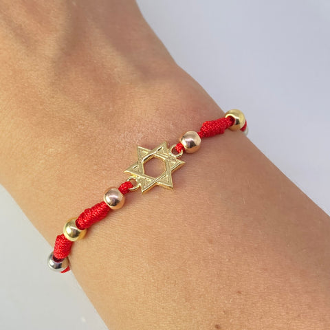 Pulsera tejida Estrella De David Hilo Rojo Tres oros 18k 1,36 Gr †