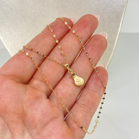 Set Cadena ● Flor Espejo Crispeta + Dije Bolsa Dinero Oro amarillo 18k 1,15 Gr / 1,5 mm / 45 Cm