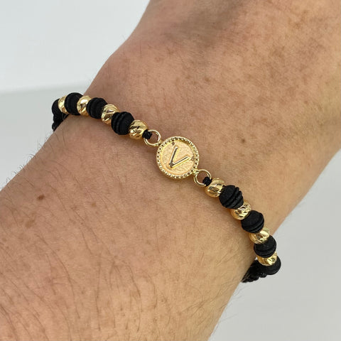 Pulsera Tejida Herraje Letra V / BD 8uni 4mm / Hilo Negro Neoprenos Oro amarillo 18k 1,08 Gr *