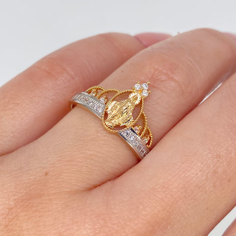 Anillo Virgen Milagrosa Circones Blancos Oro amarillo y Oro blanco / Talla 7 3/4 / 2,45 Gr *