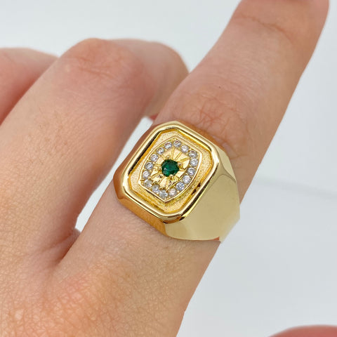 Anillo Anillo Cuadro Central Circones Blancos Y Verdes Oro amarillo 18k / Talla 10 1/4 / 3,92 Gr *