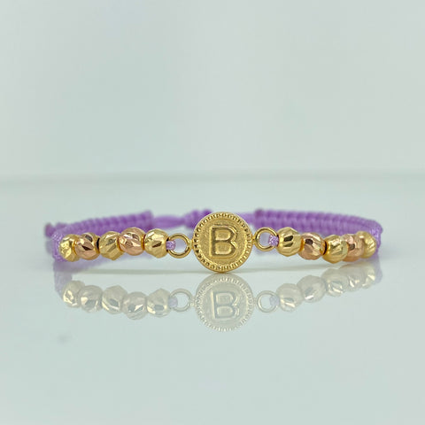 Pulsera tejida Herraje Letra B / BD 10uni 4mm / Hilo Lila Oro amarillo y Oro rosa 18k 1,15 Gr *