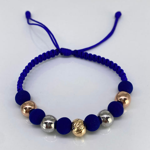 Pulsera tejida Bolas Lisas 8 mm Y Diamantada 8 mm / Neoprenos  Hilo Azul Tres oros 18k 1,73 Gr *