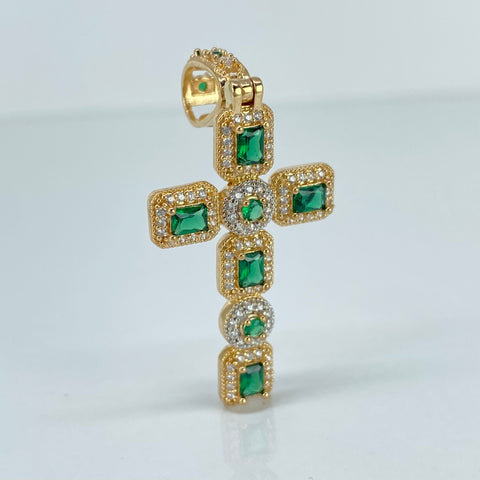 Dije Cruz Cuadros Circones Blancos Y Verdes Oro amarillo 18k 6,16 Gr / 5 Cm *