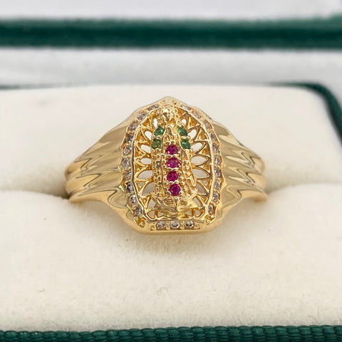 Anillo Contorno Virgen Guadalupe Circones Blancos Fucsias Y Verdes Oro amarillo 18k / Talla 7 1/2 / 4,64 Gr *