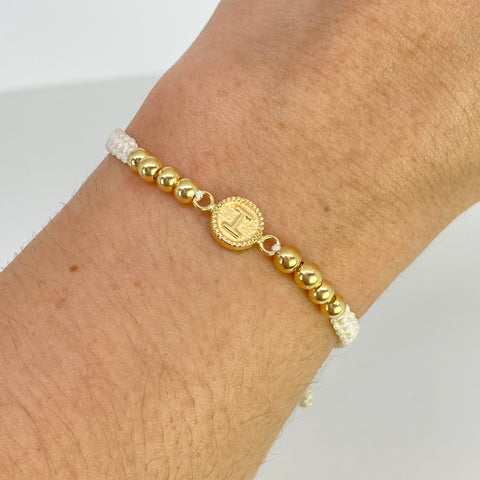Pulsera tejida Herraje Letra I / BL 8uni 4mm / Hilo Blanco Oro amarillo 18k 1,15 Gr *