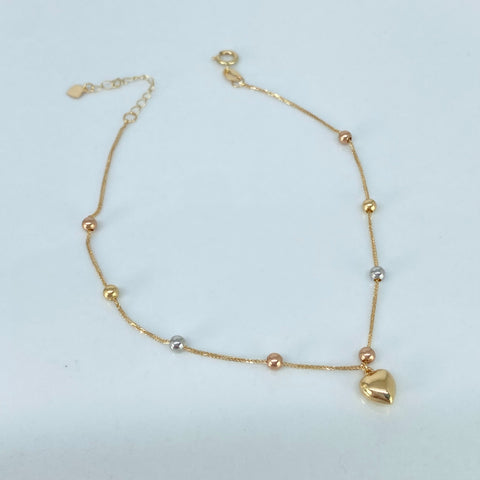 Pulso ● Corazon Franco Bolas Lisas ESP Tres oros 18k +3 / 0,65 Gr / 2,5 mm / 17 Cm *