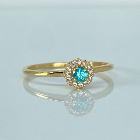 Anillo Solitario Flor Circones Blancos Azul Oro amarillo / Talla 8 / 1,58 Gr †