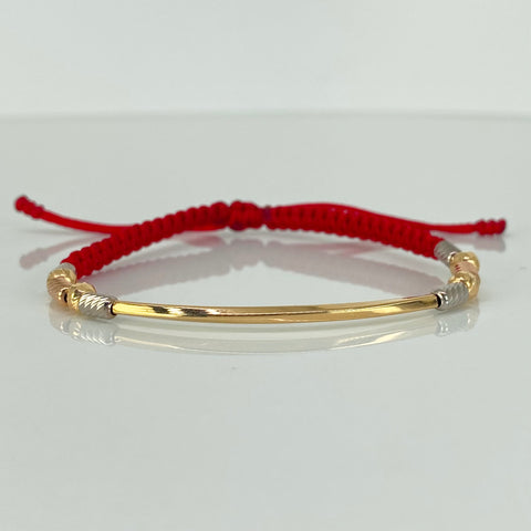 Pulsera tejida Tubo Entorchado BD 4uni 4mm Cilindros 6uni Hilo Rojo Tres oros 18k 1,2 Gr *