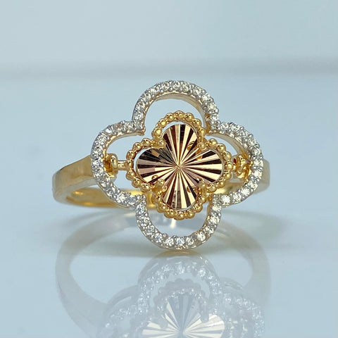 Anillo Trebol Articulado Diamantado Circones Blancos Oro amarillo y Oro blanco 18k / Talla 7 3/4 / 3,8 Gr †