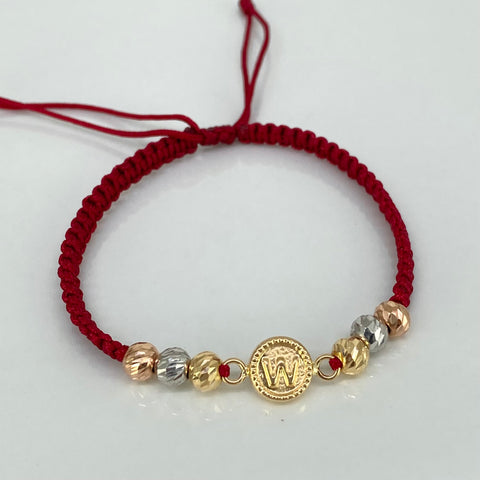 Pulsera tejida Herraje Letra W / BD 6uni 5mm / Hilo Rojo Tres oros 18k 1,12 Gr *