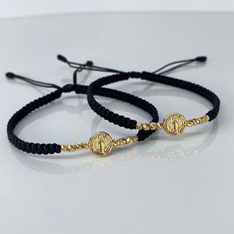 Pulsera tejida Pareja San Benito / BD 8uni 3mm / Hilo Negro Oro amarillo 1,25 Gr *