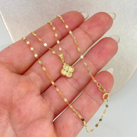 Set Cadena ● Flor Espejo + Dije Trebol Oro amarillo 18k 1,4 Gr / 1,5 mm / 45 Cm *