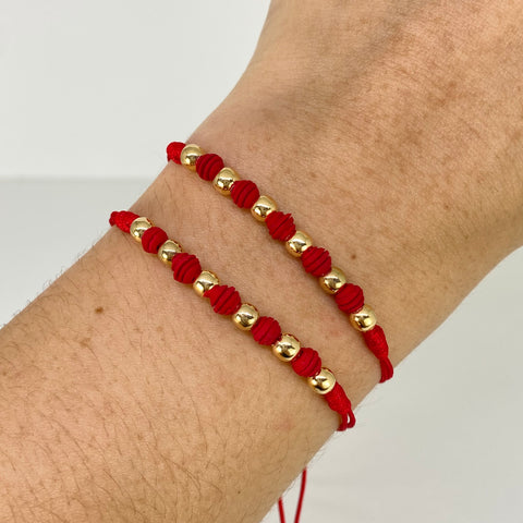 Parejas Pulsera tejida Bolas Lisas 4mm 6uni / Hilo Rojo Neoprenos Oro amarillo 18k 1,18 Gr *