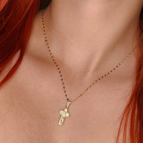 Set Cadena ● Flor Espejo Crispeta + Dije Cruz Rostro Cristo Oro amarillo 18k 1,66 Gr / 1,5 mm / 45 Cm *