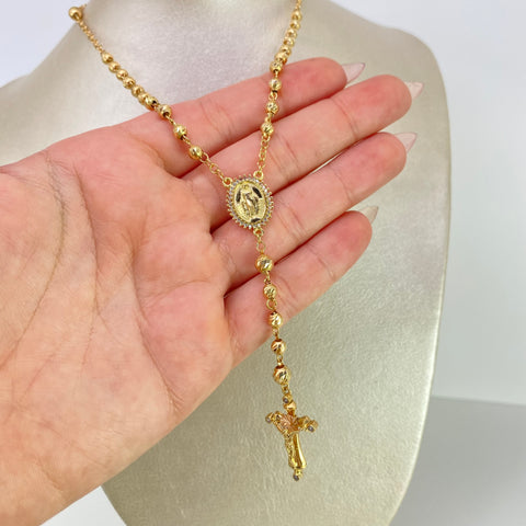 Rosario Bolas Diamantadas Virgen Milagrosa Circones Blancos Oro amarillo y Oro rosa 18k 14,09 Gr / 5 mm / 63 Cm